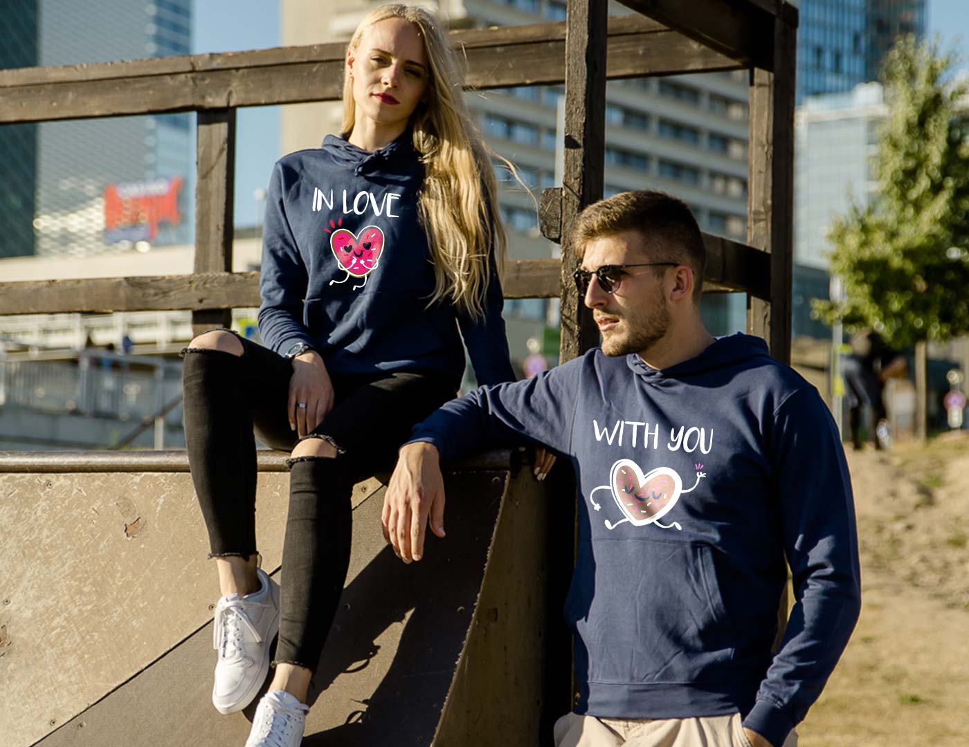 Blue hooded couple jumpers In love