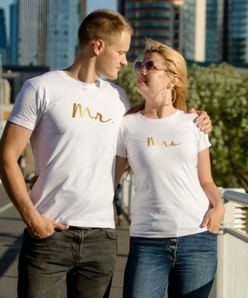White short sleeve couple graphic t shirts Mr.and Mrs.