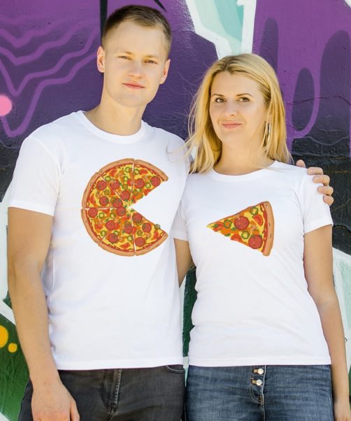 White short sleeve couple graphic t shirts Pizza lovers
