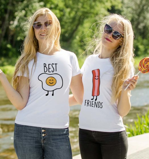 White short sleeve BFF graphic t shirts Egg and bacon