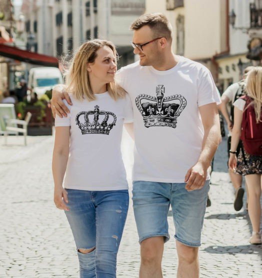 White short sleeve couple graphic t shirts Crown King Queen