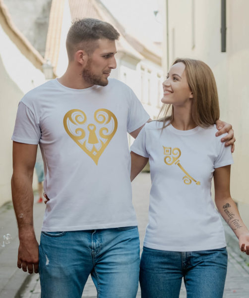 White short sleeve couple graphic t shirts Heart and Key