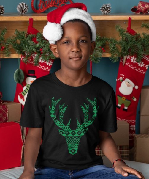 Short sleeve kids Christmas t shirts Green happy deer