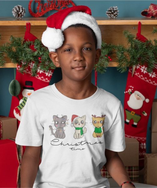 Short sleeve kids Christmas t shirts Kitties Christmas time