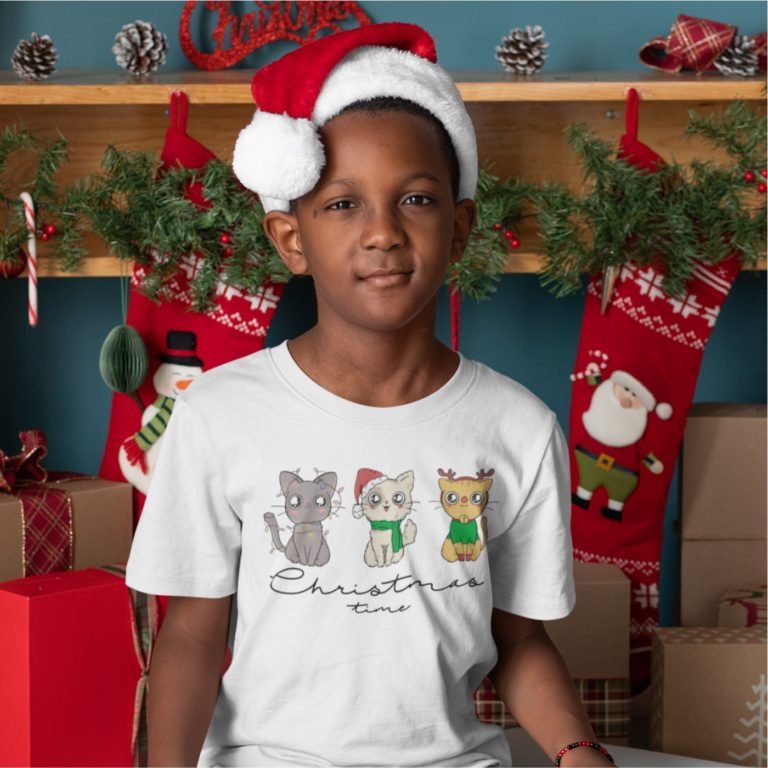 Short sleeve kids Christmas t shirts Kitties Christmas time