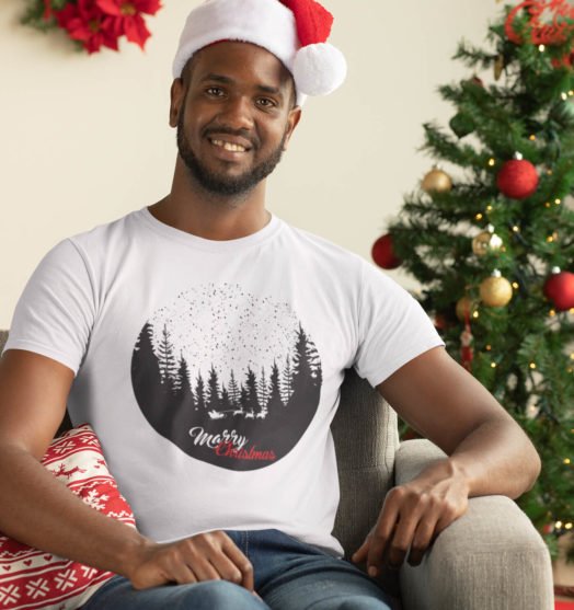 White short sleeve men t shirts Christmas in forest