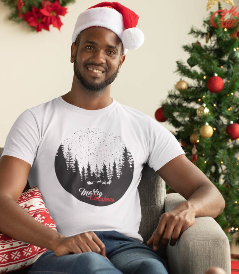 White short sleeve men t shirts Christmas in forest